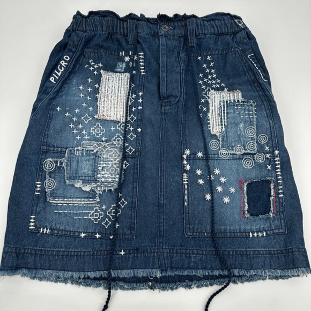 Pilcro Dark Blue Embroidered Patchwork Denim Skirt